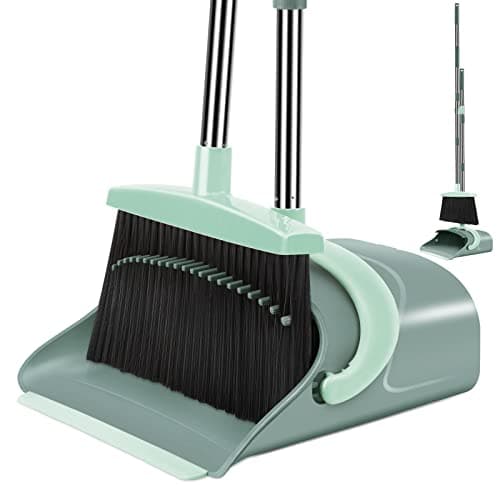 Broom and Dustpan Set for Home, Dust pan with Long Handle, Broom with Dustpan Combo Set, for Home Kitchen Room Office Lobby Floor Use Upright Stand Up Sweeping (Gray&Green) - Image 1