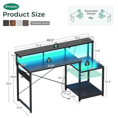 AODK Computer Desk, 48 Inch Gaming Desk with Led Lights & Power Outlet, Office Desk with Storage Shelves, Reversible Desk with Monitor Shelf & Headphone Hook, Carbon Fiber Black - Image 3
