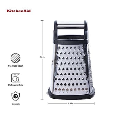 KitchenAid Gourmet 4-Sided Stainless Steel Box Grater for Fine, Medium and Coarse Grate, and Slicing, Detachable 3 Cup Storage Container and Measurment Markings, Dishwasher Safe, 10 inches tall, Black - Image 2