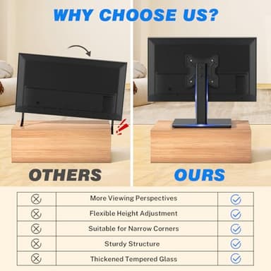 Rfiver Universal Swivel Tabletop TV Stand for Flat Screens 23 24 26 32 39 40 42 43 Inch, Heavy Duty Center Pedestal Stand Replacement with Black Tempered Glass Base and Height Adjustable Mount - Image 8