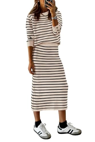 PRETTYGARDEN 2 Piece Skirts Sets For Women Fall Fashion 2025 Striped Sweater Dress Knit Lounge Travel Outfits Winter Clothing (Apricot Stripe,Small) - Image 1