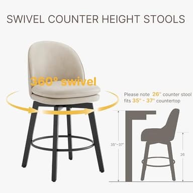 Counter Height Barstools 26 inch Upholstered Swivel Bar Stools with Back and Wood Legs for Kitchen Island,Set of 4,Beige PU Leather-Armless - Image 3