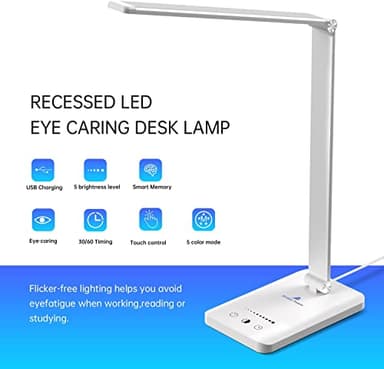 Ambertronix LED Desk Lamp with USB Charging Port, Dimmable Eye-Caring Reading Desk Light for Home, with 5 Brightness Level & 3 Lighting Modes, Touch Control, Auto Timer (White) - Image 6