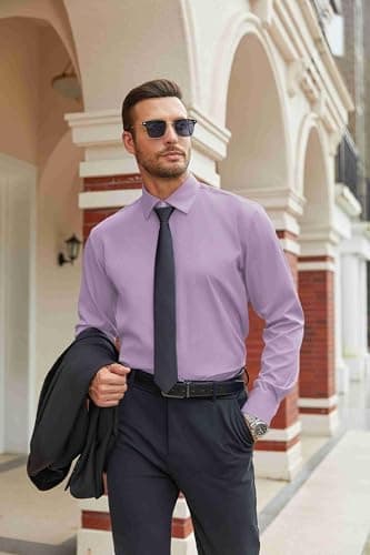 COOFANDY MMen's Business Dress Shirts Wrinkle Free Long Sleeve Regular Fit Casual Button Down Shirts Lavender M - Image 2