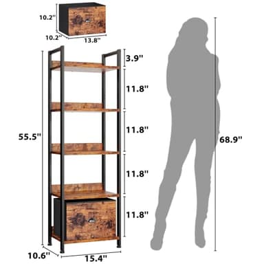Furologee 5 Tier Bookshelf with Drawer, Tall Narrow Bookcase with Shelves, Wood and Metal Bookshelves Storage Organizer, Industrial Display Standing Shelf Unit for Bedroom, Living Room, Rustic Brown - Image 3