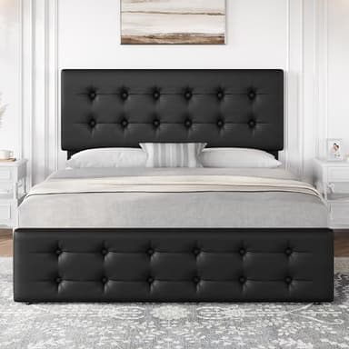 IDEALHOUSE Queen Size Bed Frame with 4 Storage Drawers and Headboard, Faux Leather Upholstered Platform Bed Frame with Wooden Slats Support, Button Tufted Design, No Box Spring Needed, Black - Image 3