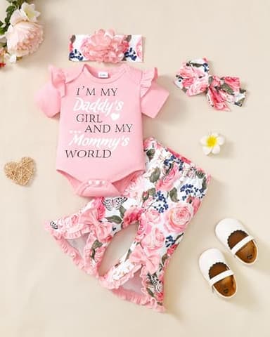 SUNNY PIGGY Newborn Baby Girl Clothes Infant Outfits Romper Floral Fall Outfit Bell Bottoms Pant Sets Hat Headband Flowerpant Pink 6-12M - Image 2