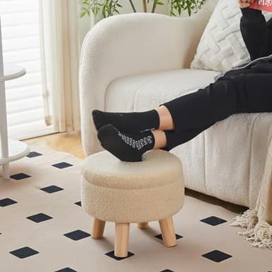 Wimarsbon Storage Ottoman, Modern Round Footrest with Soft Padded Seat, Teddy Velvet Footstool with Wood Legs, Accent Small Table or Plant Stand for Hallway, Living Room (Off-White) - Image 7