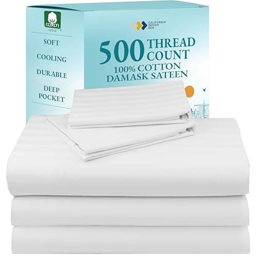 Luxury Split King Sheets Set For Adjustable Bed, 100% Cotton 500 Thread Count Sateen, Snug Fit, Set With Twin-XL Fitted Sheets, Hotel Quality Damask Stripe Bedsheets (Split King, Stripe - White) - Image 1