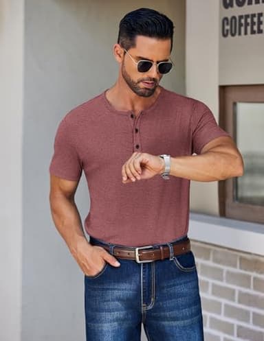 COOFANDY Men's Casual Short Sleeve Henley Shirts Stylish Summer Tee Button Henley Basic Tee Red - Image 3
