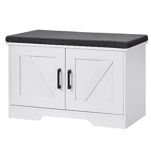 HOMSHO 2-Tier Storage Bench, 27.6" Wide Shoe Bench with Padded Seat Cushion, Entryway Bench with 2 Barn Doors and Adjustable Shelf, White - Image 1