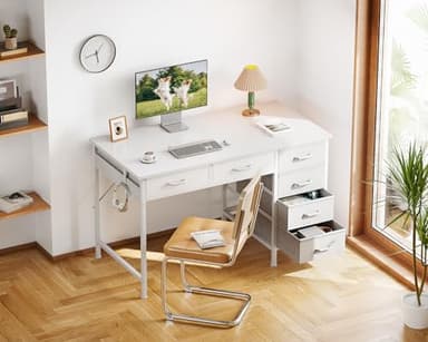 ODK Computer Desk with 6 Drawers, 40 Inch Small Desk with Storage, Reversible Desk with Headphone Hook for Home Office, Work Study Table for Bedroom, White - Image 8