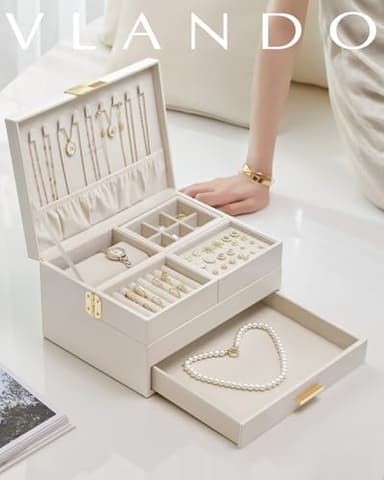 Vlando 3 Layer Jewelry Box - Women Jewelry Box with Retractable Tray - Jewelry Organizers with Drawer for Necklaces, Rings, Bracelets, Earrings, Gift for Couples Mom Girls - Could White - Image 6