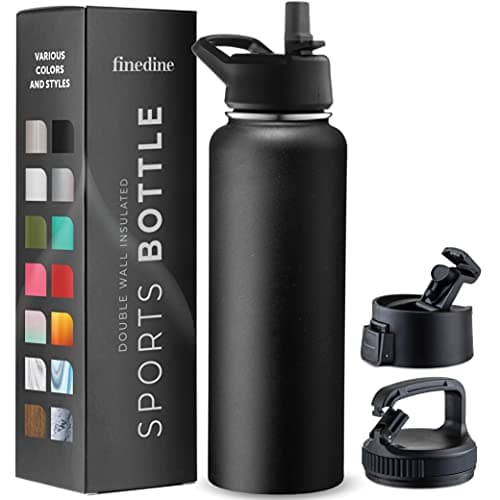 FineDine 25 Oz Insulated Water Bottle with Straw - Triple Walled Stainless Steel Metal Bottle W/ 3 Leak Proof Lids - For Travel, School, Sports, Gym/Men, Women & Kids - Inky Raven Black - Image 1