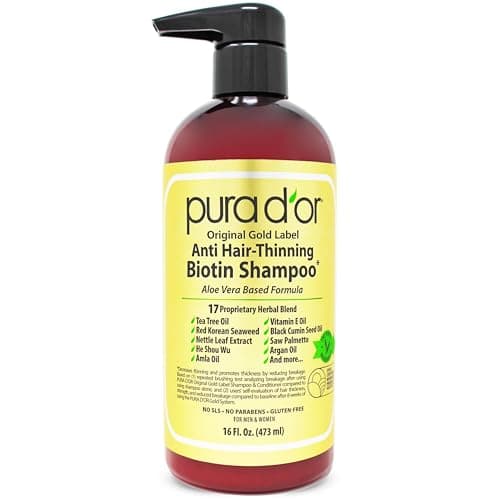 PURA D'OR Original Gold Label Anti-Thinning Shampoo Clinically Tested, Infused with Argan Oil, Biotin & Natural Ingredients, Sulfate Free, All Hair Types, Men and Women, 16 Fl Oz (Packaging may vary) - Image 1
