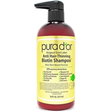 PURA D'OR Original Gold Label Anti-Thinning Shampoo Clinically Tested, Infused with Argan Oil, Biotin & Natural Ingredients, Sulfate Free, All Hair Types, Men and Women, 16 Fl Oz (Packaging may vary) - Image 1