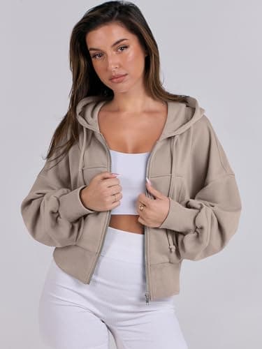 ANRABESS Womens Zip Up Hoodies Cropped Sweatshirts Casual Comfy Cute Zip Jackets Fashion Trendy Fall Outfits 2025 Y2K Clothes Khaki Small - Image 8