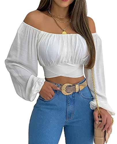 MIRACMODA Woman Off Shoulder Ruched Tie Back Crop Top Summer Lantern Sleeve Boho Shirt Blouse A-White - Image 1