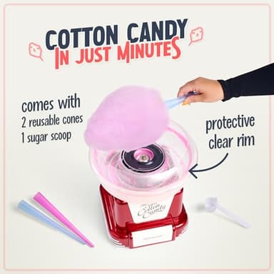 Nostalgia Cotton Candy Machine - Retro Cotton Candy Machine for Kids with 2 Reusable Cones, 1 Sugar Scoop, and 1 Extractor Head – Red - Image 3