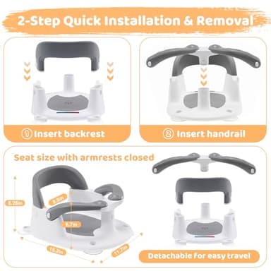 LDIIDII Baby Bath Seat for Babies 6 Months & Up Sitting Up,Infant Bath Seat with Temperature Alert+Open Backrest+on/Off Armrest,Toddler Bath seat Baby Bath Chair for Bathtub,Tub,Sink Grey - Image 8