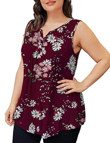 Othyroce Women Floral Tops Sleeveless V Neck Blouses Summer Fashion Burgundy 2X Shirts - Image 3
