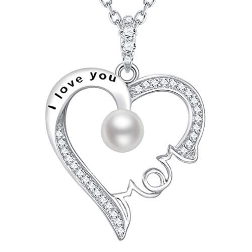 Christmas Jewelry Birthday Gifts for Mom Wife June Birthstone White Pearl Jewelry I Love You Mom Heart Pendant Sterling Silver Necklace Mother - Image 1