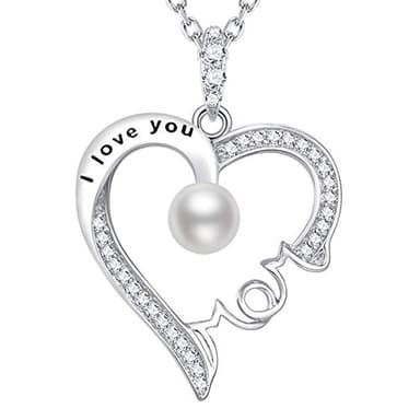 Christmas Jewelry Birthday Gifts for Mom Wife June Birthstone White Pearl Jewelry I Love You Mom Heart Pendant Sterling Silver Necklace Mother - Image 1