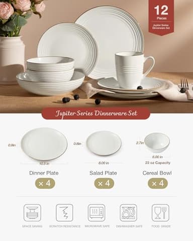 Famiware Jupiter Dinnerware Set, Plates and Bowls Dish Sets for 4 (12 Pieces), Microwave and Dishwasher Safe Stoneware Speckled Tableware, Chip and Scratch Resistant, White - Image 2
