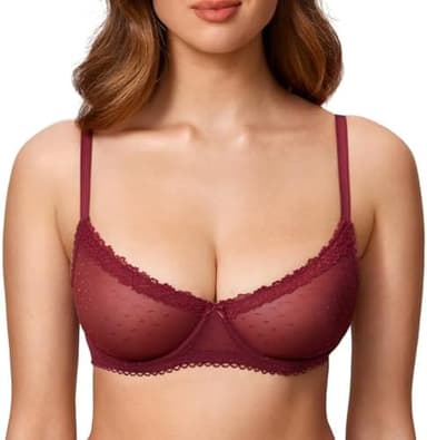 DOBREVA Women's Balconette Lace Bra See Through Demi Sheer Mesh Plus Size Underwire - Image 2
