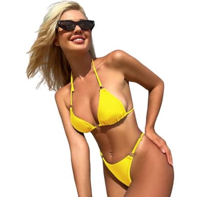 MIKETAI Sexy Bikinis for Women 2 Piece Bikini Spaghetti Strap Swimsuits Solid Color Bathing Swimwear Triangle Bathing Suit (US, Alpha, Small, Regular, Regular, Yellow) - Image 3