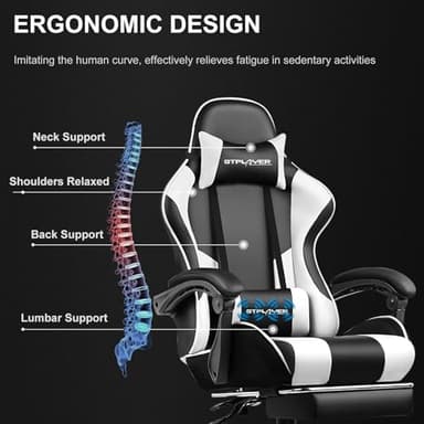 GTPLAYER Gaming Chair, Computer Chair with Footrest and Lumbar Support, Height Adjustable Game Chair with 360°-Swivel Seat and Headrest and for Office or Gaming (White) - Image 4