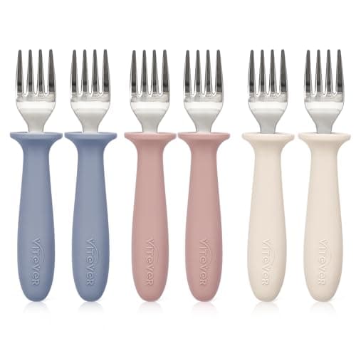 6 Pieces Toddler Forks，Kids Safe Utensils Set with Silicone Round Handle for Self Feeding，18/8 Stainless Steel Baby Forks，Children's Silverware Set BPA Free, Dishwasher Safe - Image 1