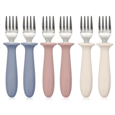 6 Pieces Toddler Forks，Kids Safe Utensils Set with Silicone Round Handle for Self Feeding，18/8 Stainless Steel Baby Forks，Children's Silverware Set BPA Free, Dishwasher Safe - Image 1