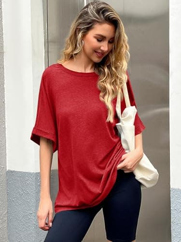 Women Oversized T-Shirt Summer Casual Short Sleeve Loose Tee Tops Dark Red - Image 5