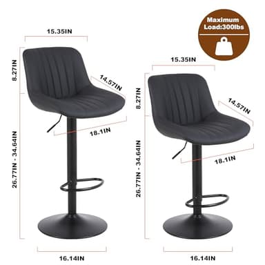 Youhauchair Bar Stools Set of 3, Swivel Counter Height Barstools with Back, Adjustable PU Leather Bar Chairs, Modern Armless Kitchen Island Stool, Black - Image 3