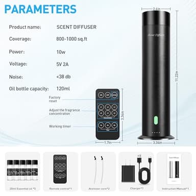 Waterless Scent Diffuser Starter Kit - 800 Sq Ft Coverage, Hotel Scent Diffuser, Essential Oil Diffuser Large Room, Included 5 Scent Oils, Remote Control, Black, 11.20In - Image 7