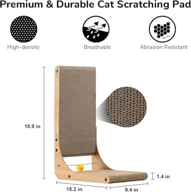 FUKUMARU Cat Scratcher, 18.9 Inch L Shape Cat Scratch Pad, Vertical Cat Scratcher Wall Mounted, Cat Scratching Cardboard with Ball Toy for Indoor Cats - Image 3