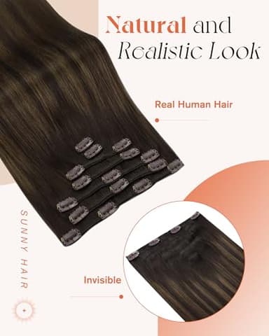 Sunny Hair Clip in Hair Extensions Straight Human Hair Clip in Extensions Remy Clip in Hair Extensions Real Human Hair Extensions Clip ins Dark Brown Ombre Medium Brown Balayage 22inch - Image 2