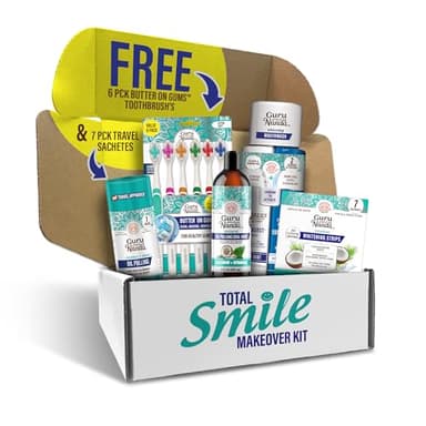 GuruNanda Total Smile Makeover Kit Regular with Cocomint Oil Pulling, Dual Barrel Whitening Mouthwash, Whitening Strips & Butter on Gums Toothbrushes - Image 1