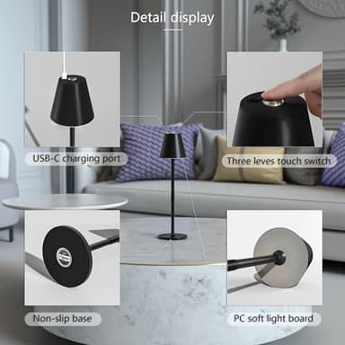 Timjorman 2 Pack LED CordlessTable Lamp,4000mAh Rechargeable Battery Desk lamp,3 Level Brightness Night Light,Minimalist Design, for Couple Dinner/Coffee Table/Restaurant/Bedroom(Black 2pack) - Image 8