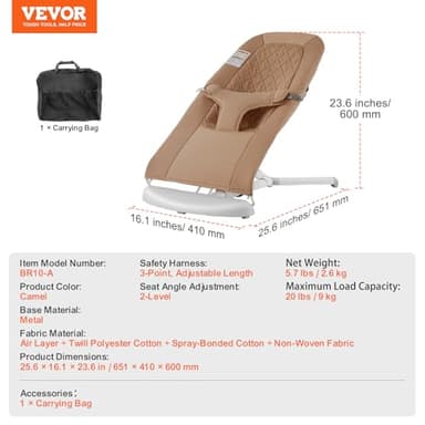 VEVOR Baby Bouncer, Folding Bouncer Seat for Babies 0-9 Months, Newborn Bouncer Chair with 2 Reclining Angles & 3-Point Harness, Portable Infant Rocker with Carrying Bag for Indoors Outdoors, Camel - Image 7