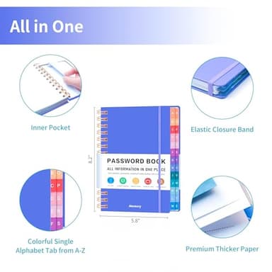 Spiral Password Book with Alphabetical Tabs - 5.8" X 8.2" Small Password Keeper Book with Inner Pocket for Seniors, Large Print, Hardcover, 450 Logins – Monthly Planner ，Home, Office, Family Planning - Image 2