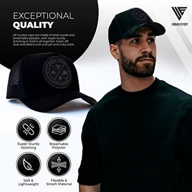 Urban Effort Mesh Trucker Hat,Men and Womens Trucker Hats with Adjustable Strap,Baseball Snapback Closure for Mountaining,Hunting&Hiking (Black/Black, Curved Trucker) - Image 3