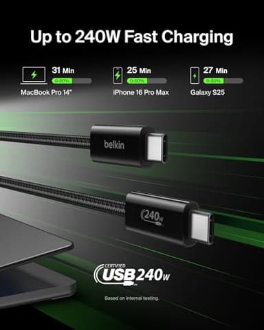 Belkin USB C to USB C Cable, 6.6ft, 240W - Type C Charger, iPhone Charger Cord, Soft, Braided, Flexible for iPhone 17, Galaxy S25, Pixel 10, MacBook, Chromebook, iPad Pro, Switch Steam Deck – Black - Image 2