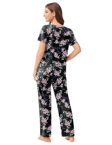 Ekouaer Womens Cotton Pajamas 2 Pack Short Sleeve with Long Pant Pjs Sleepwear Black Navy Blue Medium - Image 5
