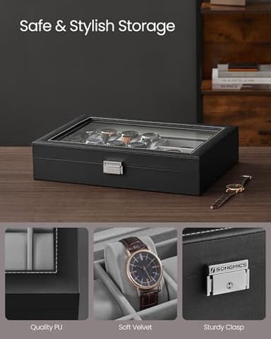 SONGMICS 16-Slot Watch Box, Lockable Storage Case With Glass Lid, Gift Idea, Ink Black Synthetic Leather, Dove Gray Lining UJWB112G01 - Image 4