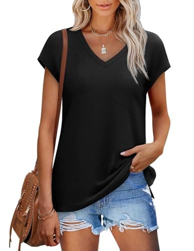 Black Tops for Women Short Sleeve Summer Cute Tops Sleeveless Tank Tops V Neck Loose Fit Shirts Black L - Image 1