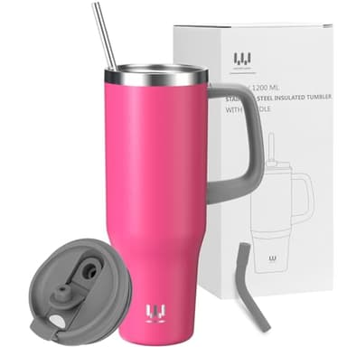 40 oz Insulated Tumbler with Handle, Stainless Steel Straw and silicone sleeves, Leakproof Travel Mug for Water, Iced Tea or Coffee, Insulated Cup Gifts for Women & Men, Strawberry Red - Image 1
