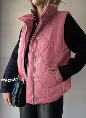 EVALESS Womens Fashion Cropped Puffer Vest Fall 2025 Lightweight Quilted Stand Collar Sleeveless Button Down Jackets Winter Warm Coat Outerwear Gilet with Pockets Pink X-Large - Image 3