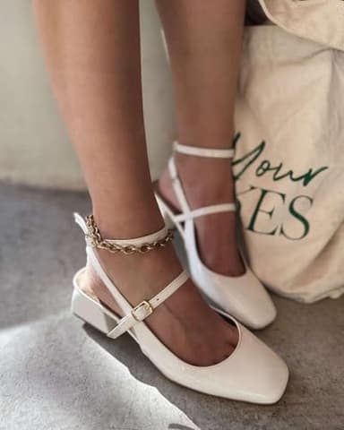 Coutgo Womens Mary Jane Chunky Low Heels Closed Square Toe Ankle Strap Pumps Wedding Party Dress Shoes, White, Size 9 - Image 3